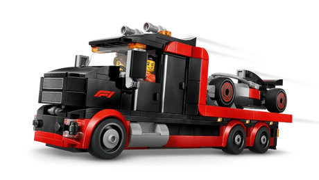 LEGO City F1 Display Truck carrying Audi F1 race car on flatbed with black cab, red trim and six wheels