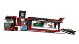 LEGO City F1 Truck showing open trailer with simulator room and cars loading ramp on white background