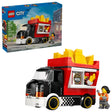 LEGO City Fries Food Truck 60488 retail box shown next to the assembled fries food truck model with two LEGO City minifigures
