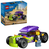 LEGO City Hot Rod vehicle shown beside the LEGO City retail box, with the purple car and green flame graphics visible and minifigure leaning against the car