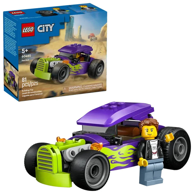 LEGO City Hot Rod vehicle shown beside the LEGO City retail box, with the purple car and green flame graphics visible and minifigure leaning against the car