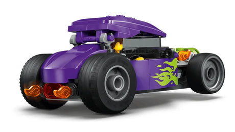 Rear angled view of the purple LEGO City Hot Rod vehicle showing the back wheels and rear body section
