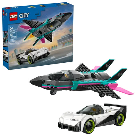 LEGO City Jet vs Car 60489 retail box shown with the assembled jet aircraft featuring swept back wings and twin vertical fins beside the assembled supercar
