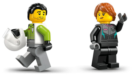 Two LEGO City minifigures shown standing side by side, with one minifigure holding a white helmet in their hand