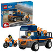 LEGO City Motorcycle Transporter flatbed truck with two orange motorcycles and one rider minifigure shown on one of the bikes beside the vehicle
