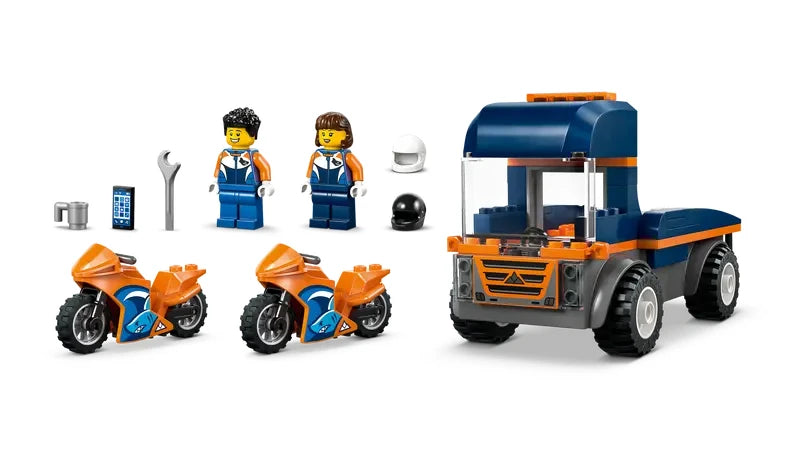 LEGO City Motorcycle Transporter truck with two motorcycles, two minifigures, helmets and small accessories displayed separately