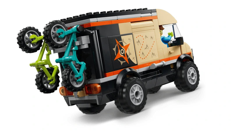 LEGO adventure van rear view with two mountain bikes attached to the bike rack