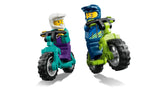 Two LEGO rider minifigures on mountain bikes