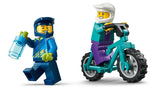 LEGO rider minifigure with water bottle beside a mountain bike