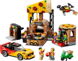 LEGO City pizzeria set with sports car, scooter, delivery drone, pizza stand, minifigures and food accessories