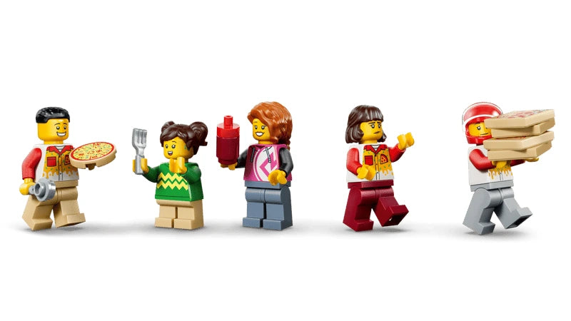 LEGO City pizza worker minifigures with pizzas, delivery boxes, drink bottle and food accessories