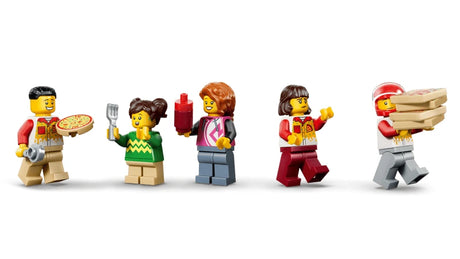 LEGO City pizza worker minifigures with pizzas, delivery boxes, drink bottle and food accessories