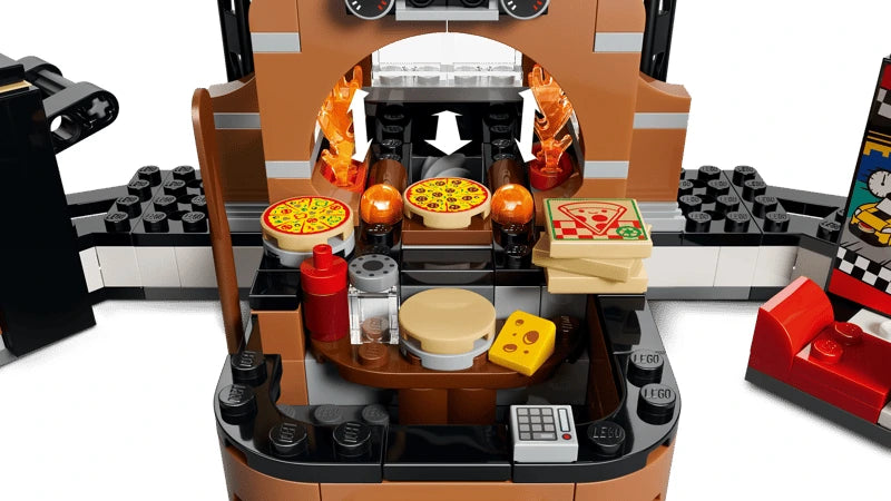 LEGO City pizzeria oven interior with pizzas, drinks, cheese, cash register and food prep accessories