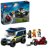 LEGO City police prisoner transport van shown beside the retail box, with a red motorcycle, chain, hook and three minifigures displayed