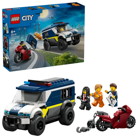 LEGO City police prisoner transport van shown beside the retail box, with a red motorcycle, chain, hook and three minifigures displayed