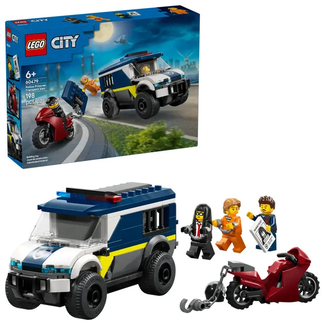 LEGO City police prisoner transport van shown beside the retail box, with a red motorcycle, chain, hook and three minifigures displayed
