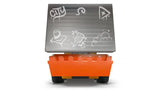 Front view of the LEGO City Rides construction loader with the front bucket facing forward and a grey panel raised above the bucket showing light gray graffiti line drawings