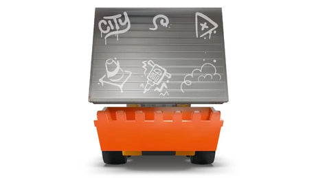 Front view of the LEGO City Rides construction loader with the front bucket facing forward and a grey panel raised above the bucket showing light gray graffiti line drawings