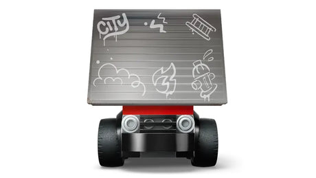 Front view of the LEGO City Rides red fire truck model with a grey rectangular panel raised above the front, showing light grey graffiti and the word CITY