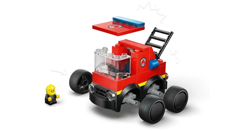 LEGO City Rides red fire truck model shown with a separate red roof piece and a black ladder element positioned above and behind the vehicle, with a small yellow minifigure nearby