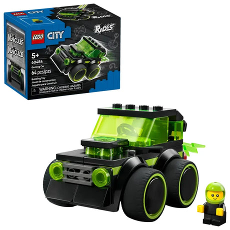 LEGO City Rides black and green vehicle shown beside the LEGO City retail box, with a small green minifigure standing next to the vehicle
