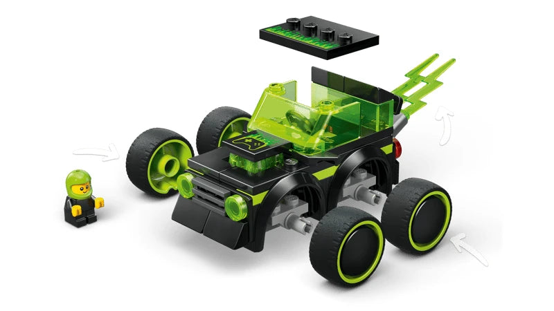 LEGO City Rides black and green vehicle shown with the roof piece positioned above the body, with four wheels visible and a small green minifigure nearby
