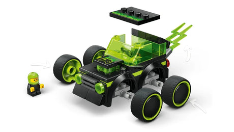 LEGO City Rides black and green vehicle shown with the roof piece positioned above the body, with four wheels visible and a small green minifigure nearby
