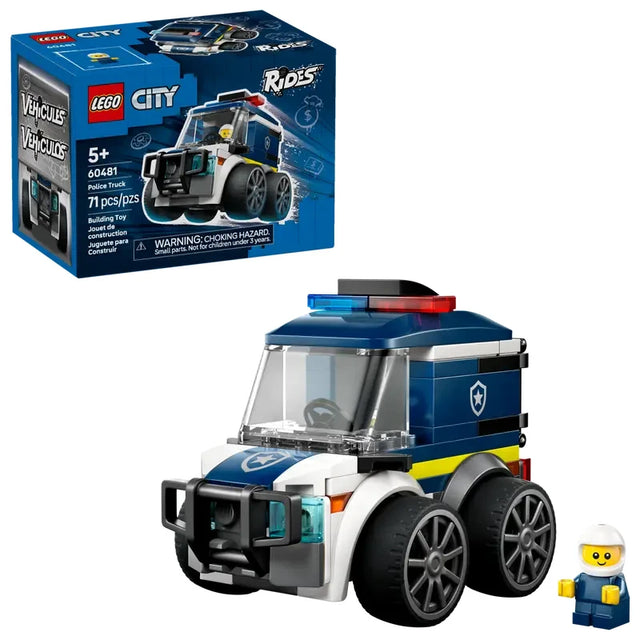 LEGO City Rides police truck displayed beside the retail box with a police officer junior minifigure shown next to the vehicle

