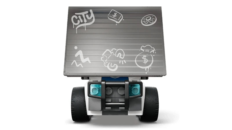 Front view of the LEGO City Rides vehicle with a large grey panel raised above the front showing light grey graffiti on it. 