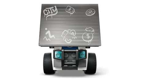 Front view of the LEGO City Rides vehicle with a large grey panel raised above the front showing light grey graffiti on it. 