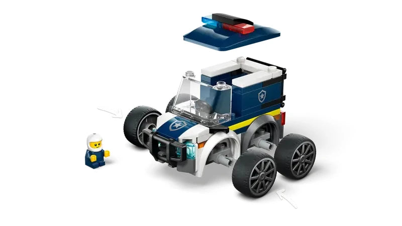 LEGO City Rides police truck shown with the roof piece removed and positioned above the vehicle beside minifigure