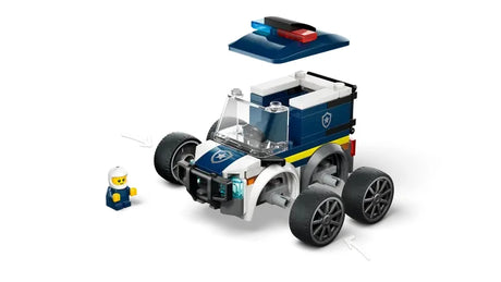 LEGO City Rides police truck shown with the roof piece removed and positioned above the vehicle beside minifigure