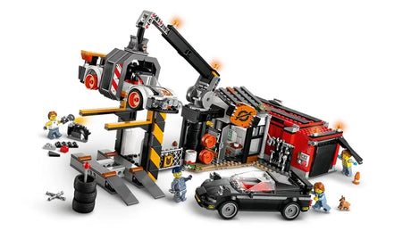LEGO City Scrapyard 60472 playset showing crane hoisting cars into crusher in Ireland
