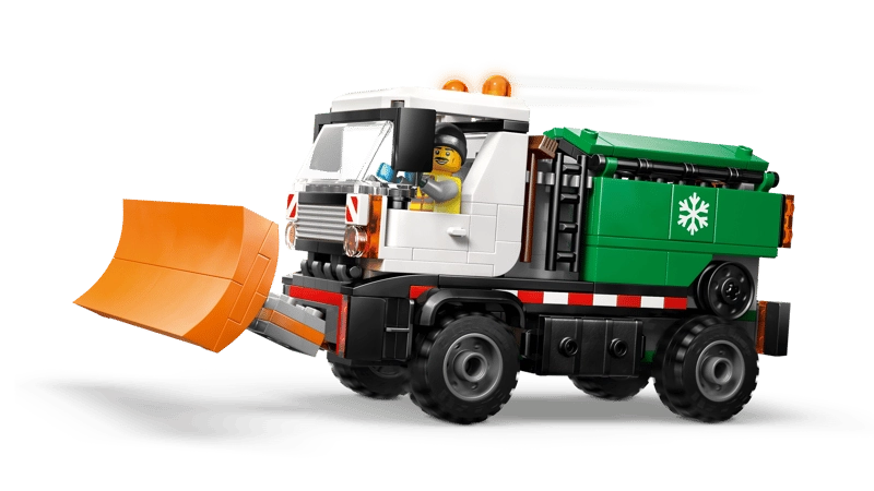 LEGO City Snowplow 60490 snowplow truck with orange front plow, white cab, green rear hopper with snowflake symbol, and driver minifigure seated in cab
