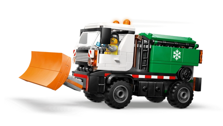 LEGO City Snowplow 60490 snowplow truck with orange front plow, white cab, green rear hopper with snowflake symbol, and driver minifigure seated in cab