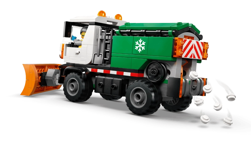 LEGO City Snowplow 60490 rear three quarter view of truck gritting the road from the green rear hopper