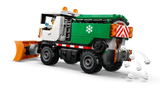 LEGO City Snowplow 60490 rear three quarter view of truck gritting the road from the green rear hopper