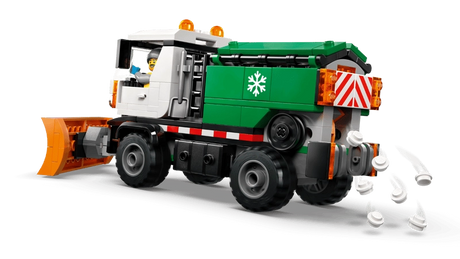 LEGO City Snowplow 60490 rear three quarter view of truck gritting the road from the green rear hopper