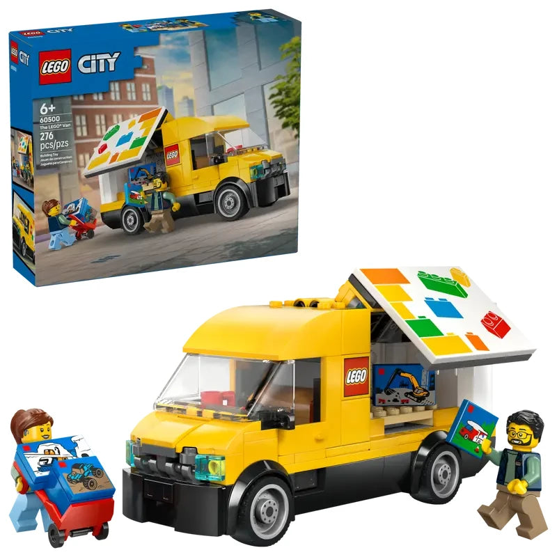 LEGO City The LEGO Van 60500 shown with retail box and assembled yellow delivery van featuring fold up side panel, front cab and printed LEGO brick graphics
