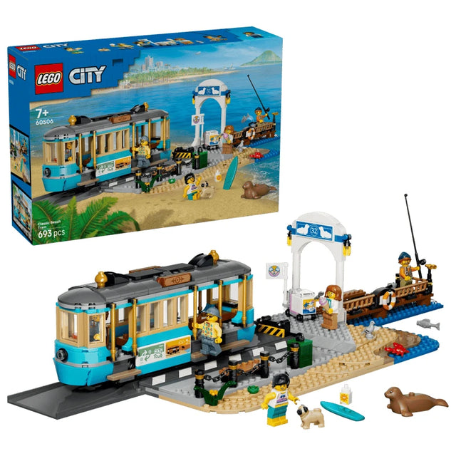 LEGO City Classic Beach Streetcar box beside built streetcar, station, pier, minifigures and seal figure