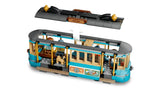 LEGO teal and cream streetcar with removable roof section shown above the model