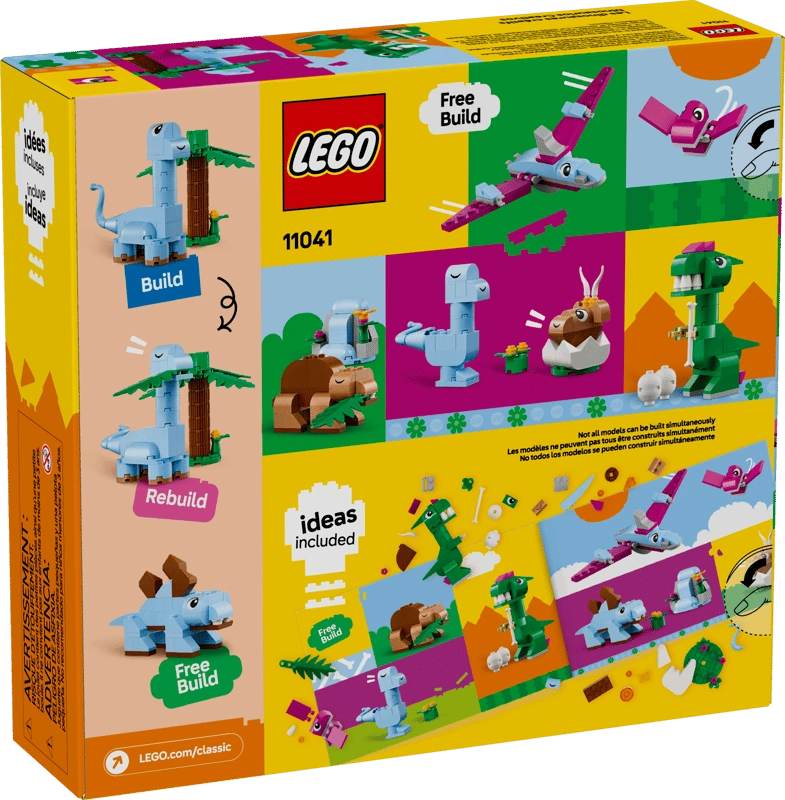 Back of LEGO Classic Creative Dinosaurs 11041 box showing dinosaur building ideas, alternative models and colourful LEGO creations