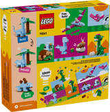 Back of LEGO Classic Creative Dinosaurs 11041 box showing dinosaur building ideas, alternative models and colourful LEGO creations