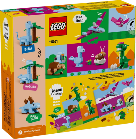 Back of LEGO Classic Creative Dinosaurs 11041 box showing dinosaur building ideas, alternative models and colourful LEGO creations