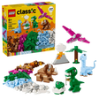 LEGO Classic Creative Dinosaurs 11041 retail box showing 450 pieces alongside completed dinosaur models, volcano, palm tree and colourful bricks