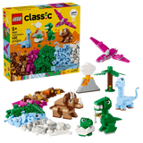 LEGO Classic Creative Dinosaurs 11041 retail box showing 450 pieces alongside completed dinosaur models, volcano, palm tree and colourful bricks