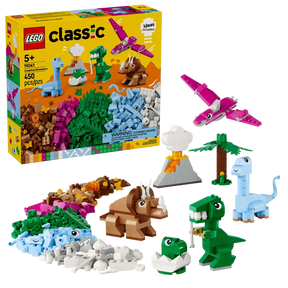 LEGO Classic Creative Dinosaurs 11041 retail box showing 450 pieces alongside completed dinosaur models, volcano, palm tree and colourful bricks
