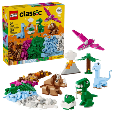 LEGO Classic Creative Dinosaurs 11041 retail box showing 450 pieces alongside completed dinosaur models, volcano, palm tree and colourful bricks