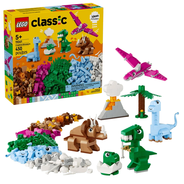 LEGO Classic Creative Dinosaurs 11041 retail box showing 450 pieces alongside completed dinosaur models, volcano, palm tree and colourful bricks