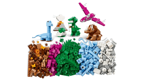 LEGO Classic Creative Dinosaurs 11041 dinosaur models displayed above piles of brown, pink, green, blue and white building bricks